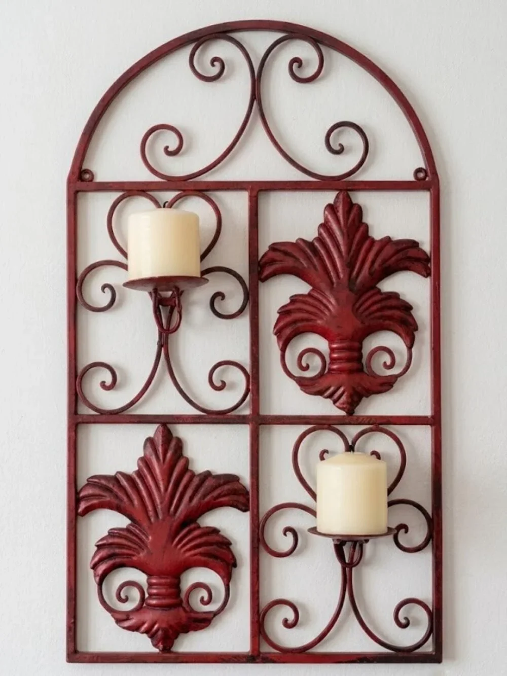 Metal Fleur De Lis Wall Candle Holder Sconce Tuscan Rustic Red Arch Decor 27x16